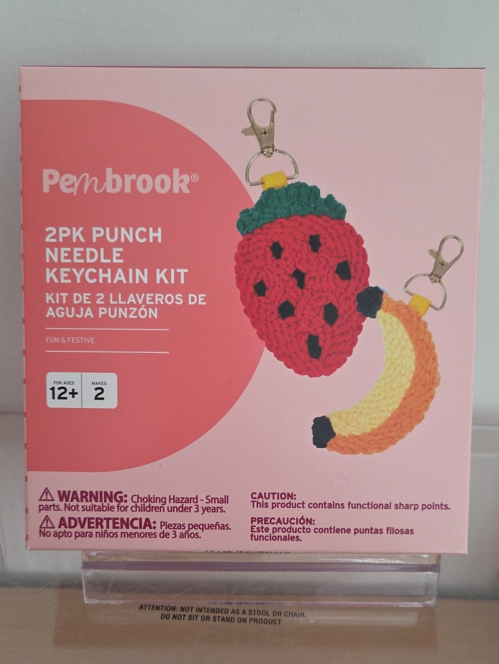 Pembrook Pink Strawberry & Banana Punch Needle Keychain Kit, NIB